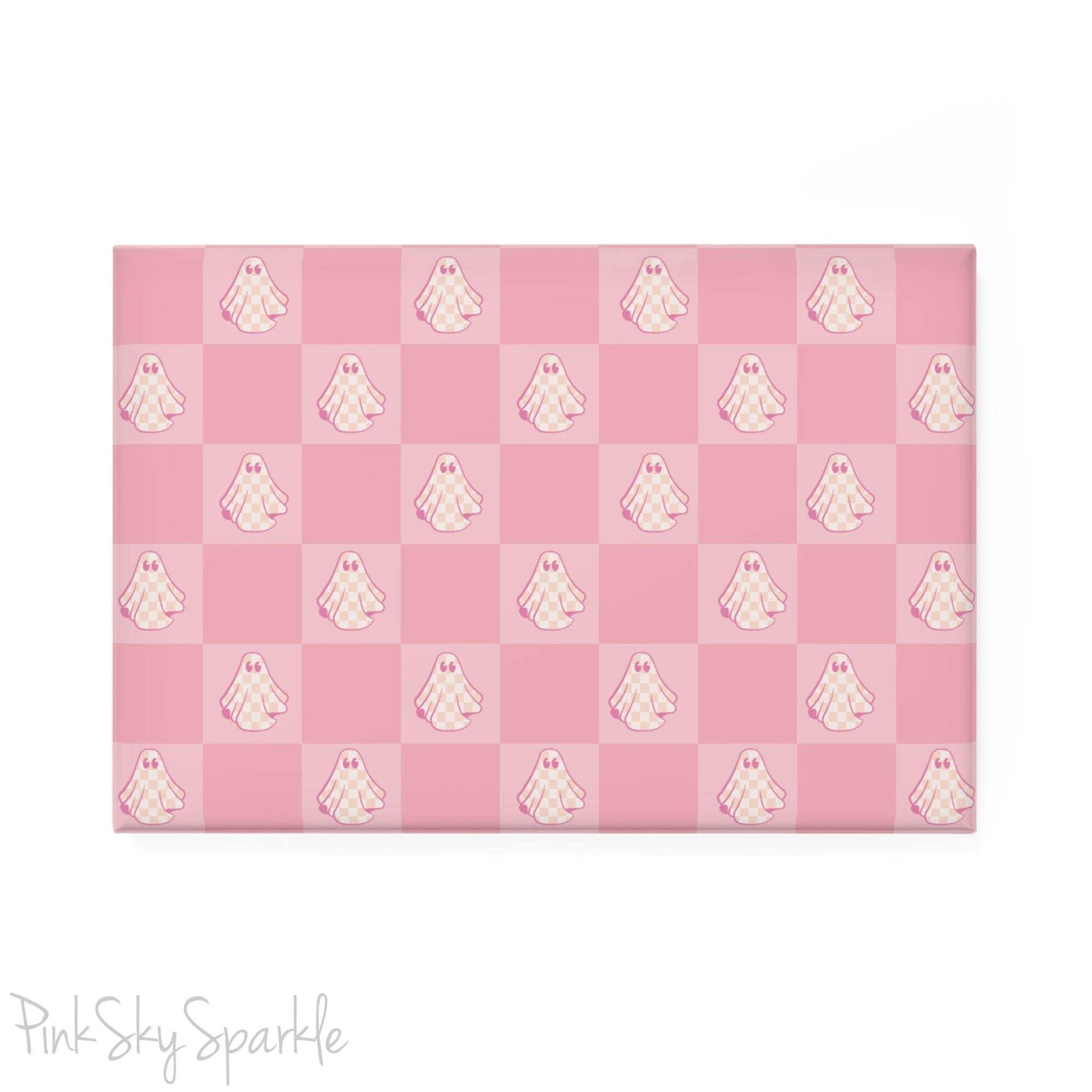 Pink Checkered Ghost Rectangle Button Magnet