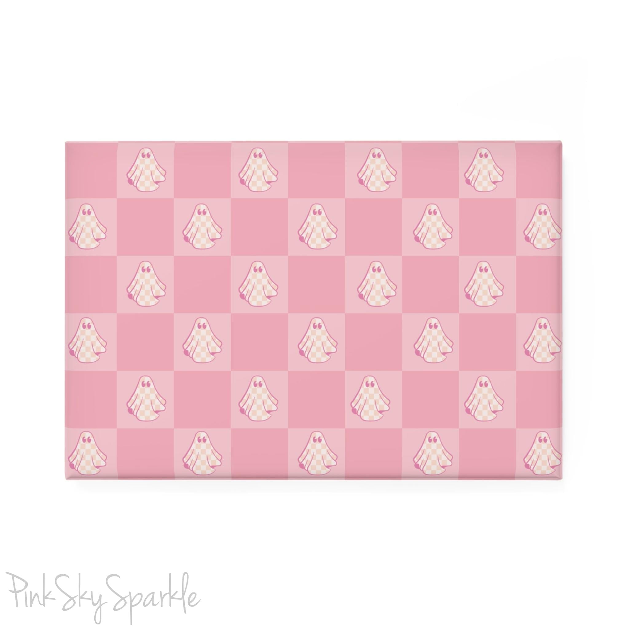 Pink Checkered Ghost Rectangle Button Magnet
