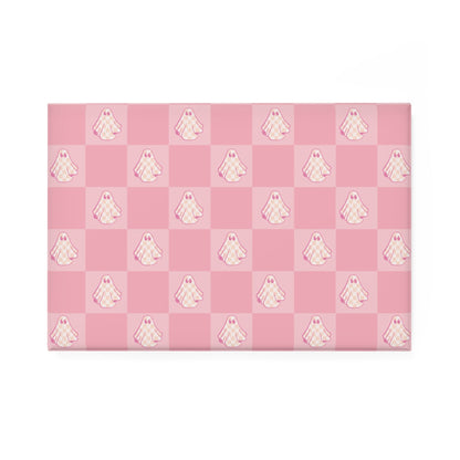 Pink Checkered Ghost Rectangle Button Magnet