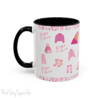 Pink Cozy Vibes Mug - Perfect for coffee, tea, or hot cocoa lovers! This ceramic mug features 'cozy vibes' in a pink font, surrounded by cute illustrations of pink cozy items such as slippers, mittens, blankets and candles. Ideal for creating a warm, cozy atmosphere, this pink-handled mug (also available in light blue, black and navy) makes a great gift for anyone who loves comfort, style and the color pink.