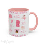 Pink Cozy Vibes Mug - Perfect for coffee, tea, or hot cocoa lovers! This ceramic mug features 'cozy vibes' in a pink font, surrounded by cute illustrations of pink cozy items such as slippers, mittens, blankets and candles. Ideal for creating a warm, cozy atmosphere, this pink-handled mug (also available in light blue, black and navy) makes a great gift for anyone who loves comfort, style and the color pink.