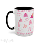Pink Cozy Vibes Mug - Perfect for coffee, tea, or hot cocoa lovers! This ceramic mug features 'cozy vibes' in a pink font, surrounded by cute illustrations of pink cozy items such as slippers, mittens, blankets and candles. Ideal for creating a warm, cozy atmosphere, this pink-handled mug (also available in light blue, black and navy) makes a great gift for anyone who loves comfort, style and the color pink.