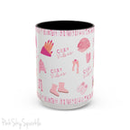 Pink Cozy Vibes Mug - Perfect for coffee, tea, or hot cocoa lovers! This ceramic mug features 'cozy vibes' in a pink font, surrounded by cute illustrations of pink cozy items such as slippers, mittens, blankets and candles. Ideal for creating a warm, cozy atmosphere, this pink-handled mug (also available in light blue, black and navy) makes a great gift for anyone who loves comfort, style and the color pink.