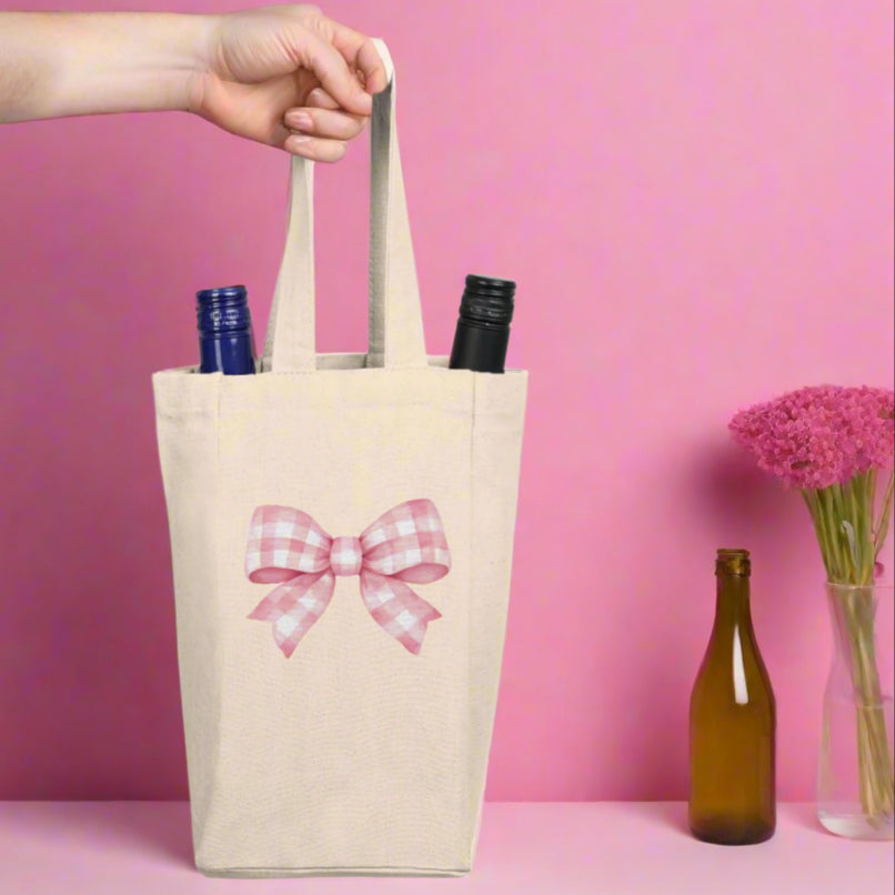 Pink Gingham Bow Double Wine Tote Bag
