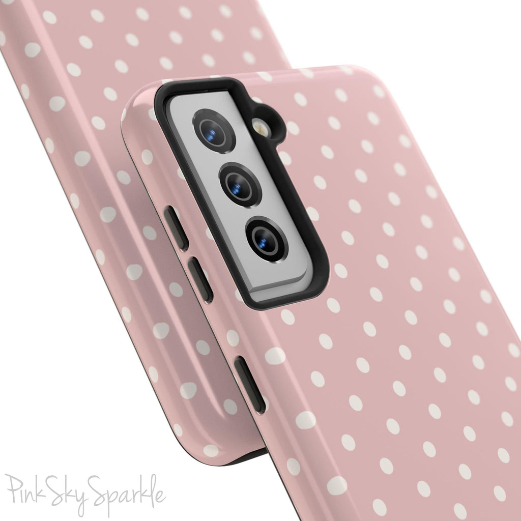 Pink Polka Dots Samsung Galaxy Phone Case, featuring a soft pink background and white polka dots.
