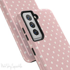 Pink Polka Dots Samsung Galaxy Phone Case, featuring a soft pink background and white polka dots.