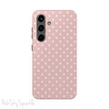 Pink Polka Dots Samsung Galaxy Phone Case, featuring a soft pink background and white polka dots.