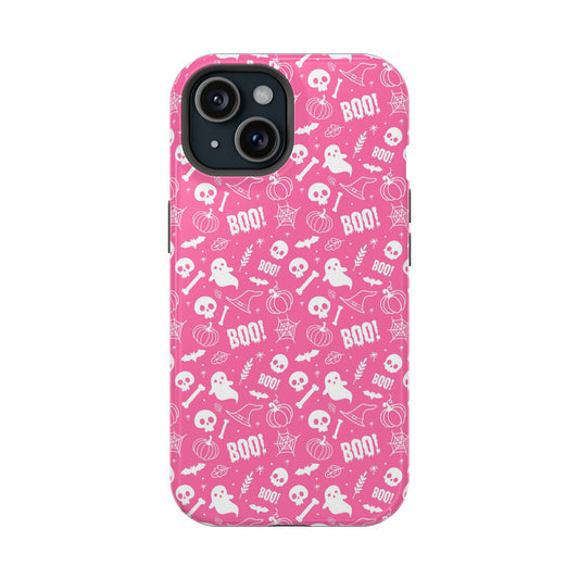 Hot pink Halloween themed iPhone case with a pattern of white ghosts, bats, witch hats, spider webs, skulls, bones, pumpkins and the word BOO!