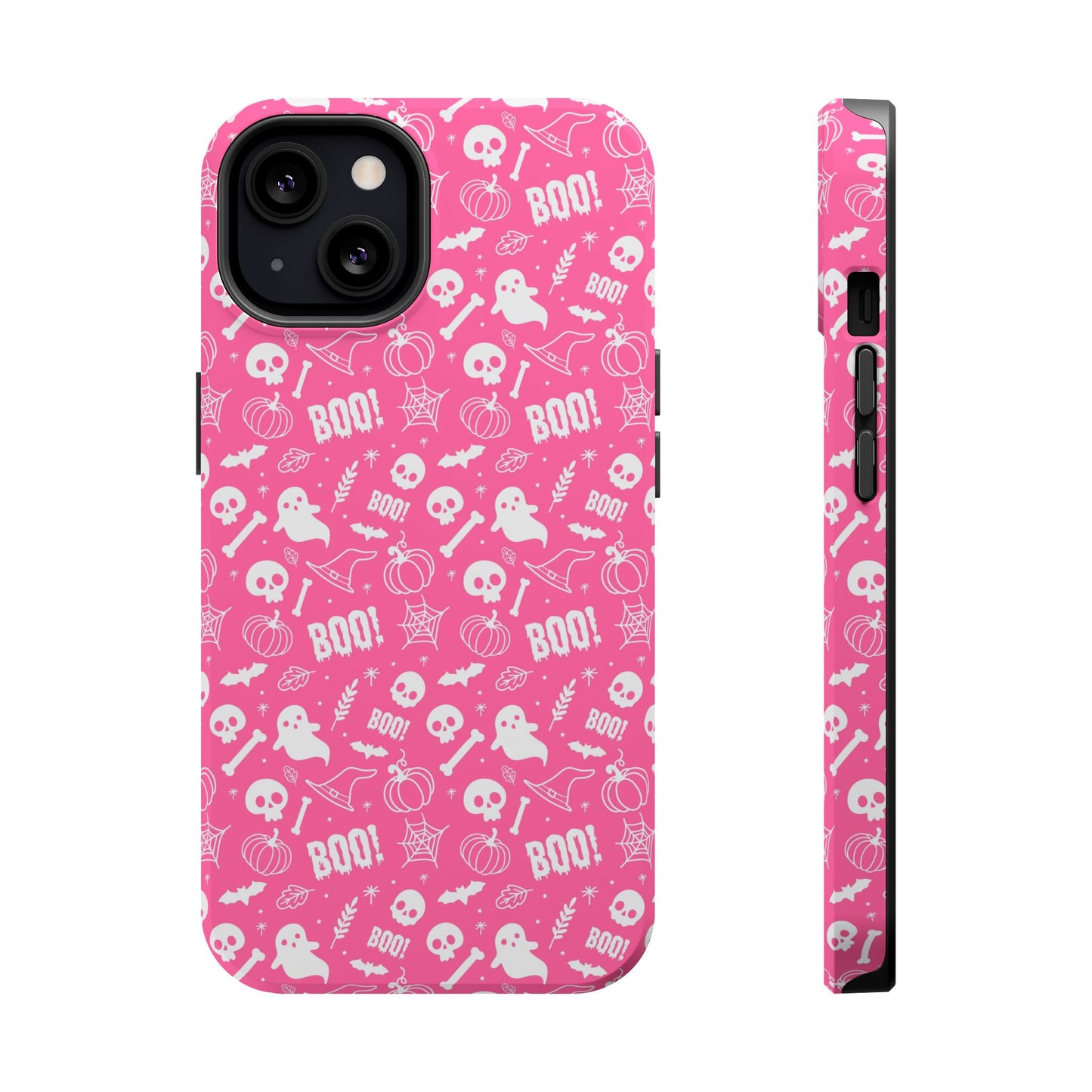 Hot pink Halloween themed iPhone case with a pattern of white ghosts, bats, witch hats, spider webs, skulls, bones, pumpkins and the word BOO!