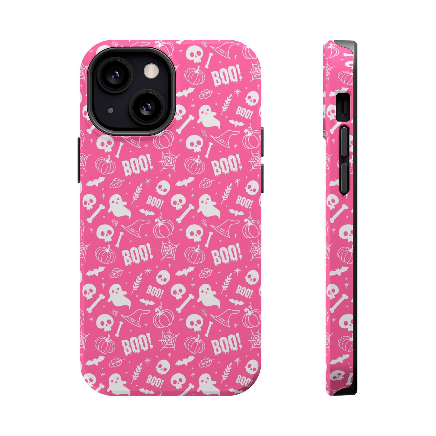 Hot pink Halloween themed iPhone case with a pattern of white ghosts, bats, witch hats, spider webs, skulls, bones, pumpkins and the word BOO!