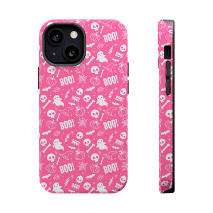 Hot pink Halloween themed iPhone case with a pattern of white ghosts, bats, witch hats, spider webs, skulls, bones, pumpkins and the word BOO!