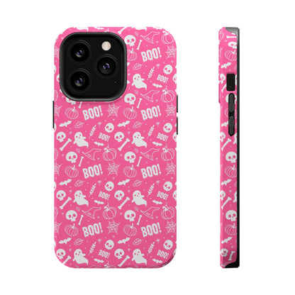 Hot pink Halloween themed iPhone case with a pattern of white ghosts, bats, witch hats, spider webs, skulls, bones, pumpkins and the word BOO!