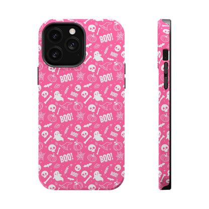 Hot pink Halloween themed iPhone case with a pattern of white ghosts, bats, witch hats, spider webs, skulls, bones, pumpkins and the word BOO!