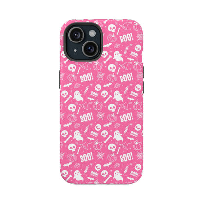 Hot pink Halloween themed iPhone case with a pattern of white ghosts, bats, witch hats, spider webs, skulls, bones, pumpkins and the word BOO!