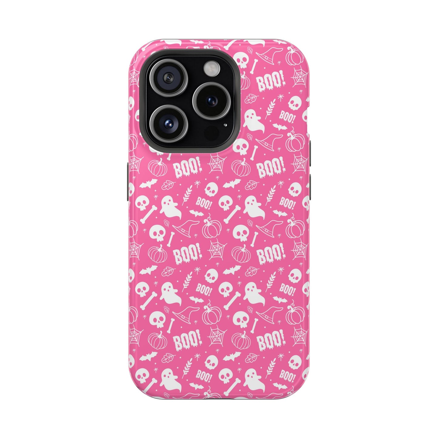 Hot pink Halloween themed iPhone case with a pattern of white ghosts, bats, witch hats, spider webs, skulls, bones, pumpkins and the word BOO!