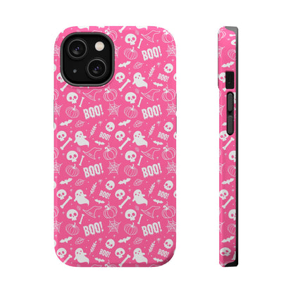 Hot pink Halloween themed iPhone case with a pattern of white ghosts, bats, witch hats, spider webs, skulls, bones, pumpkins and the word BOO!