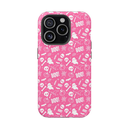 Hot pink Halloween themed iPhone case with a pattern of white ghosts, bats, witch hats, spider webs, skulls, bones, pumpkins and the word BOO!