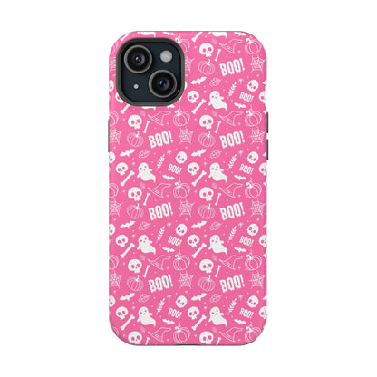 Hot pink Halloween themed iPhone case with a pattern of white ghosts, bats, witch hats, spider webs, skulls, bones, pumpkins and the word BOO!