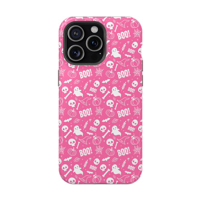 Hot pink Halloween themed iPhone case with a pattern of white ghosts, bats, witch hats, spider webs, skulls, bones, pumpkins and the word BOO!