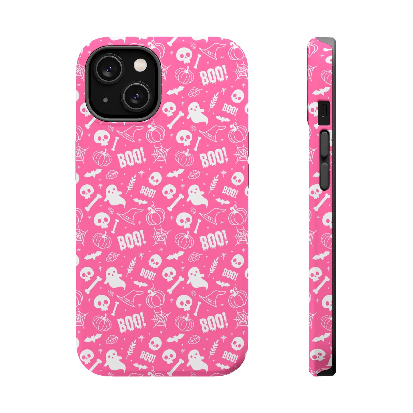 Hot pink Halloween themed iPhone case with a pattern of white ghosts, bats, witch hats, spider webs, skulls, bones, pumpkins and the word BOO!