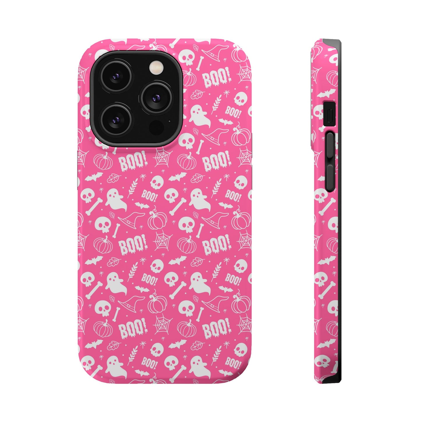 Hot pink Halloween themed iPhone case with a pattern of white ghosts, bats, witch hats, spider webs, skulls, bones, pumpkins and the word BOO!