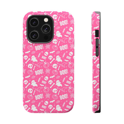 Hot pink Halloween themed iPhone case with a pattern of white ghosts, bats, witch hats, spider webs, skulls, bones, pumpkins and the word BOO!