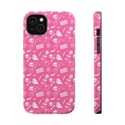 Hot pink Halloween themed iPhone case with a pattern of white ghosts, bats, witch hats, spider webs, skulls, bones, pumpkins and the word BOO!