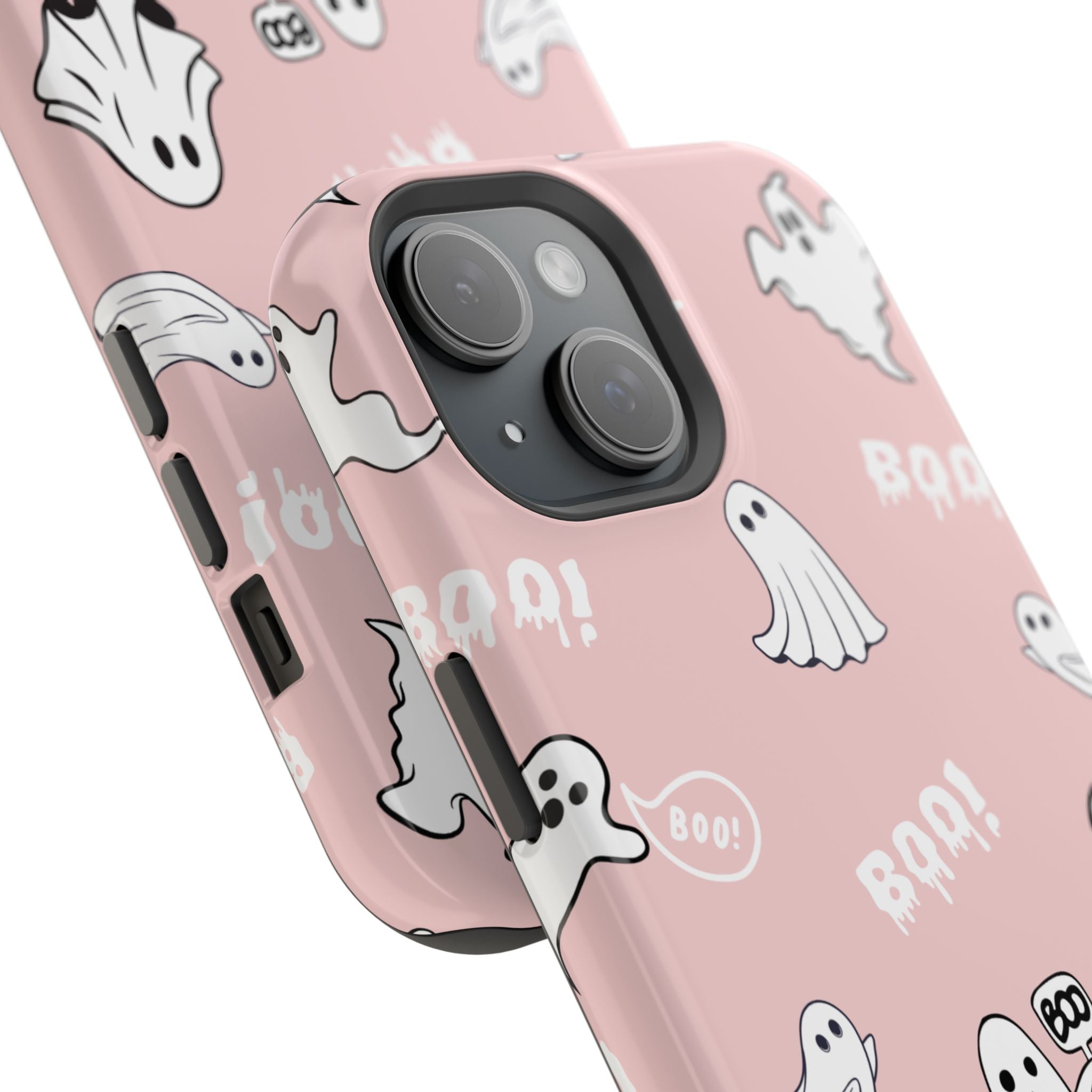 Phone case with ghost and 'BOO!' pattern on a pink background