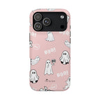 Phone case with ghost and 'BOO!' pattern on a pink background
