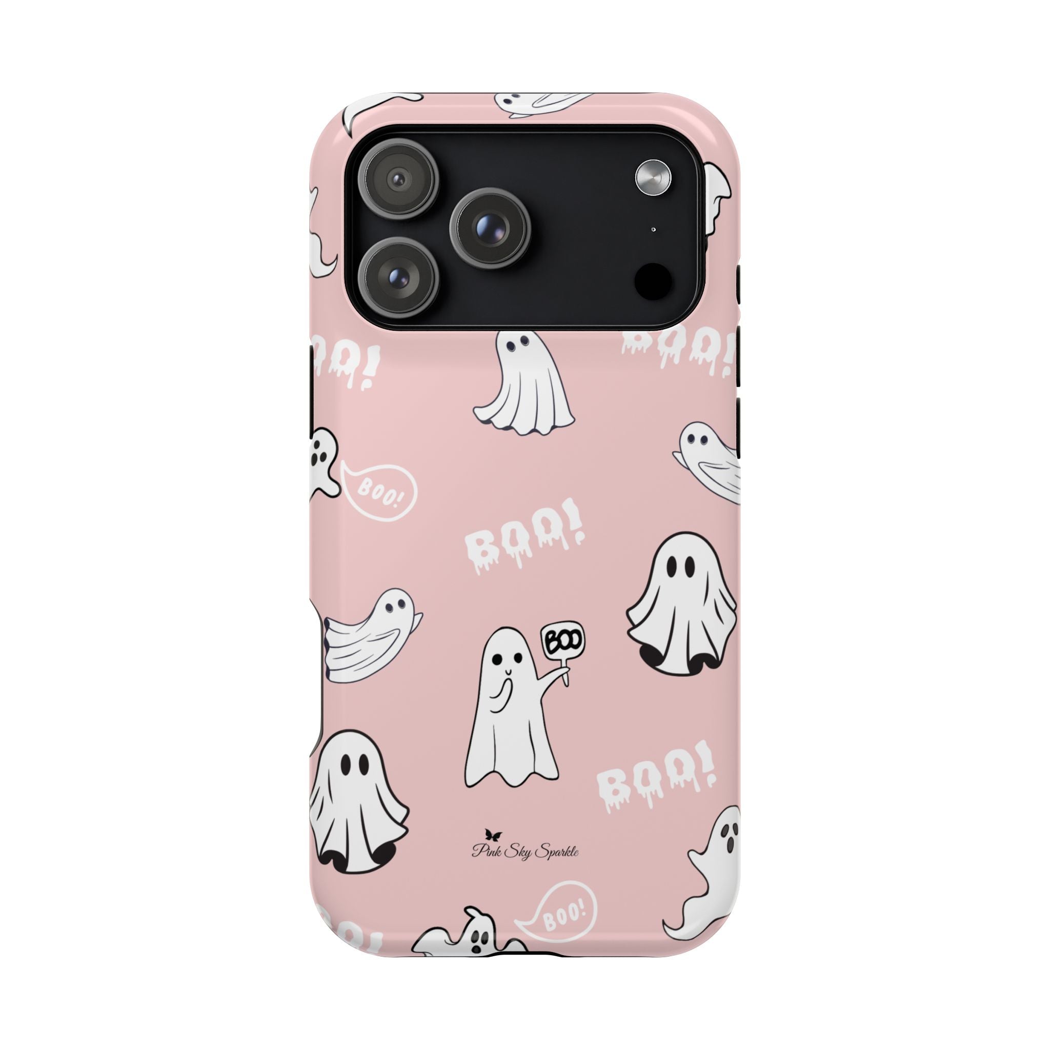 Phone case with ghost and 'BOO!' pattern on a pink background