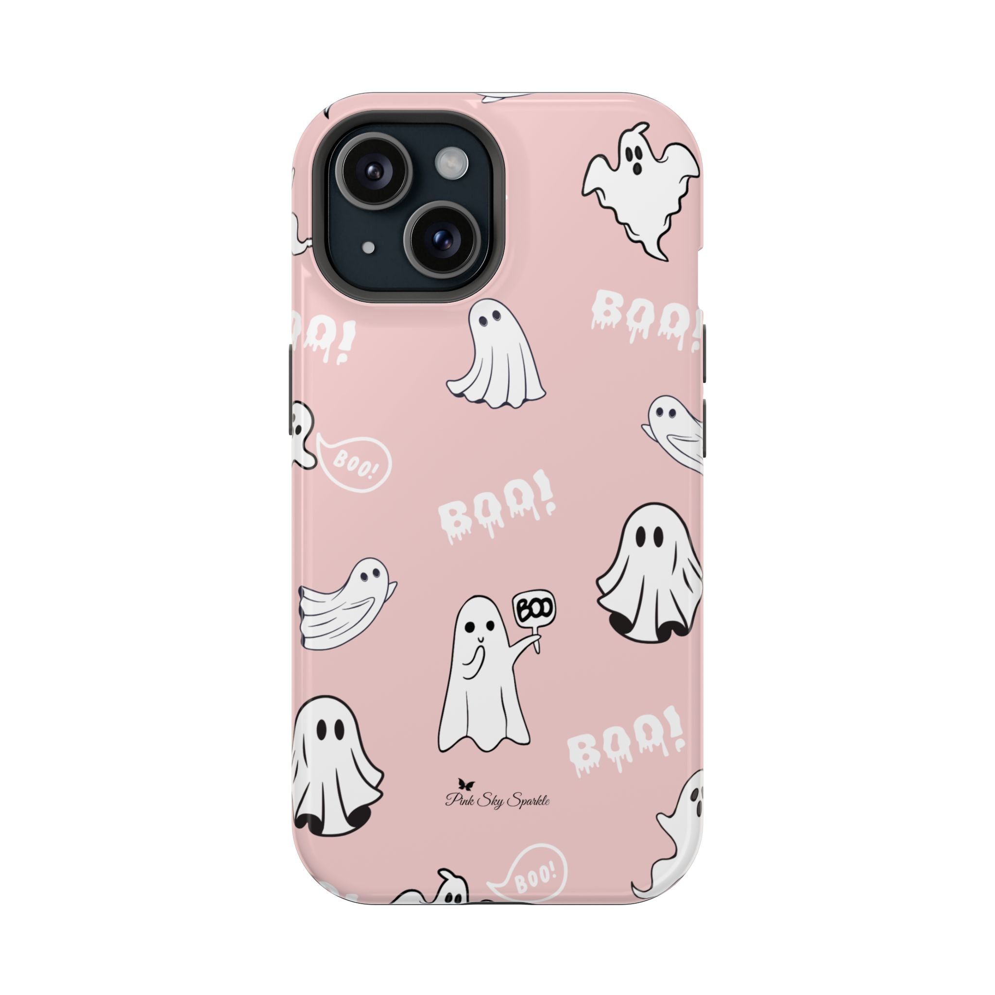 Phone case with ghost and 'BOO!' pattern on a pink background