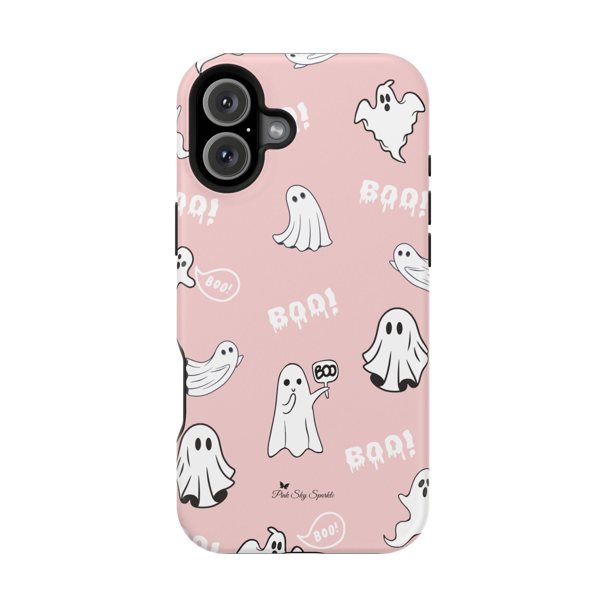 Phone case with ghost illustrations and 'BOO!' text on a pink background