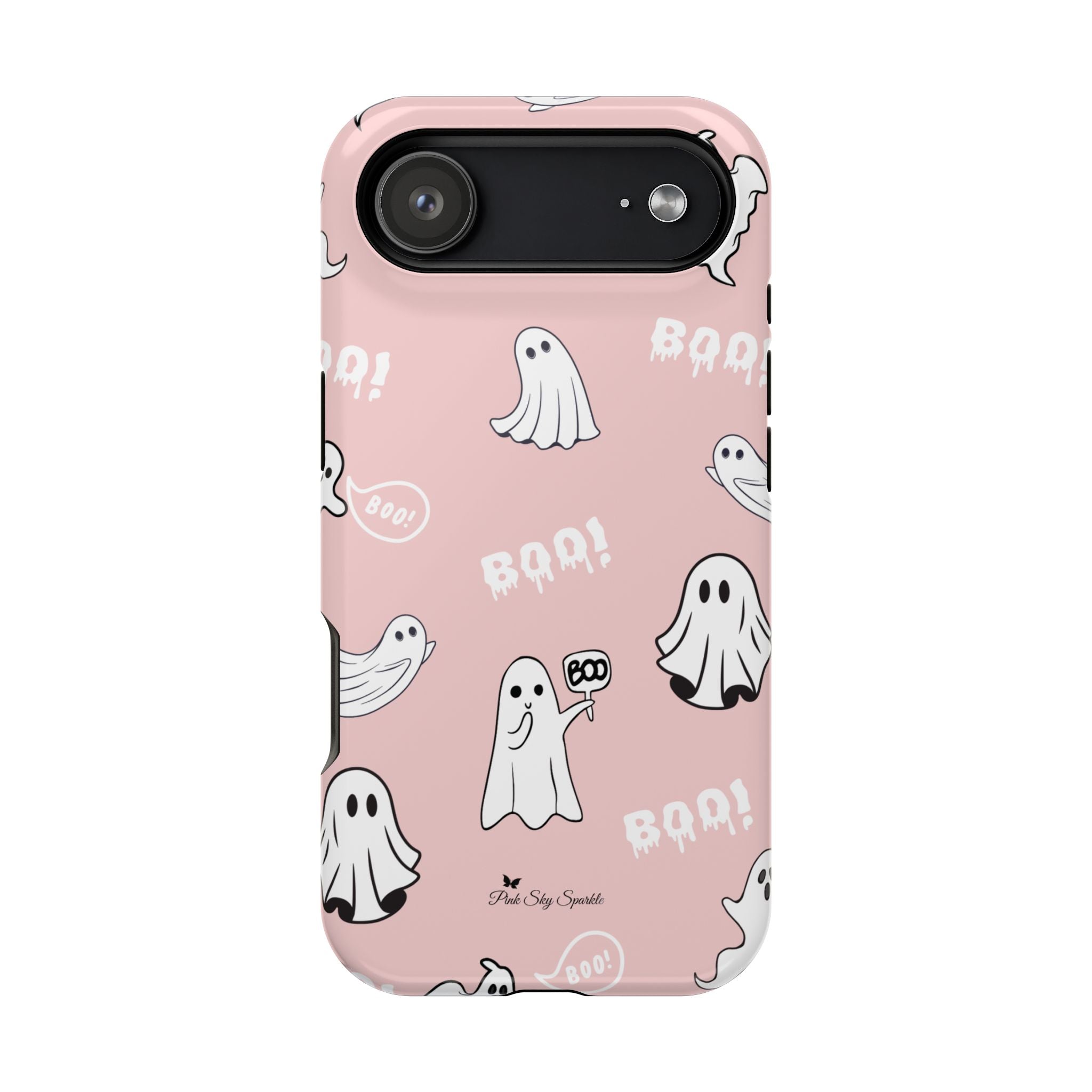 Phone case with ghost and 'BOO!' pattern on a pink background