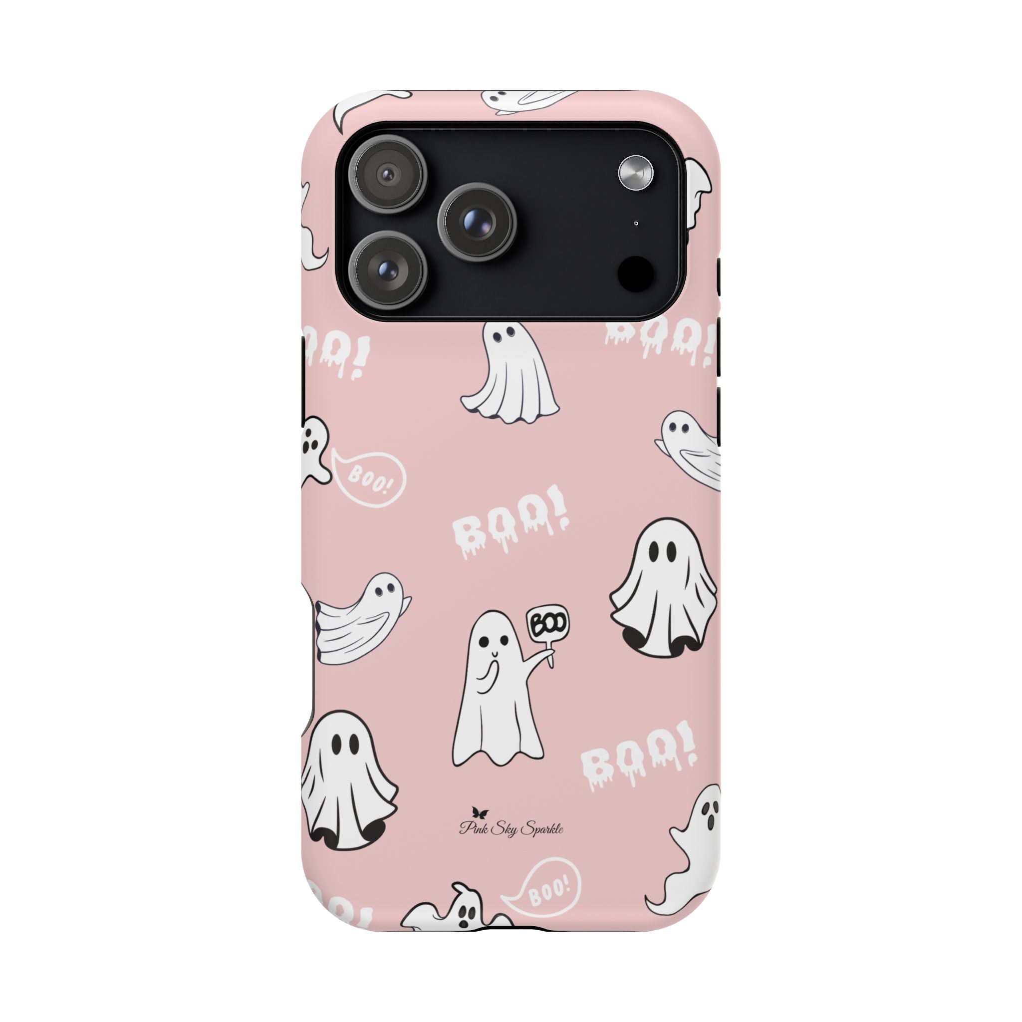 Phone case with ghost and 'BOO!' pattern on a pink background
