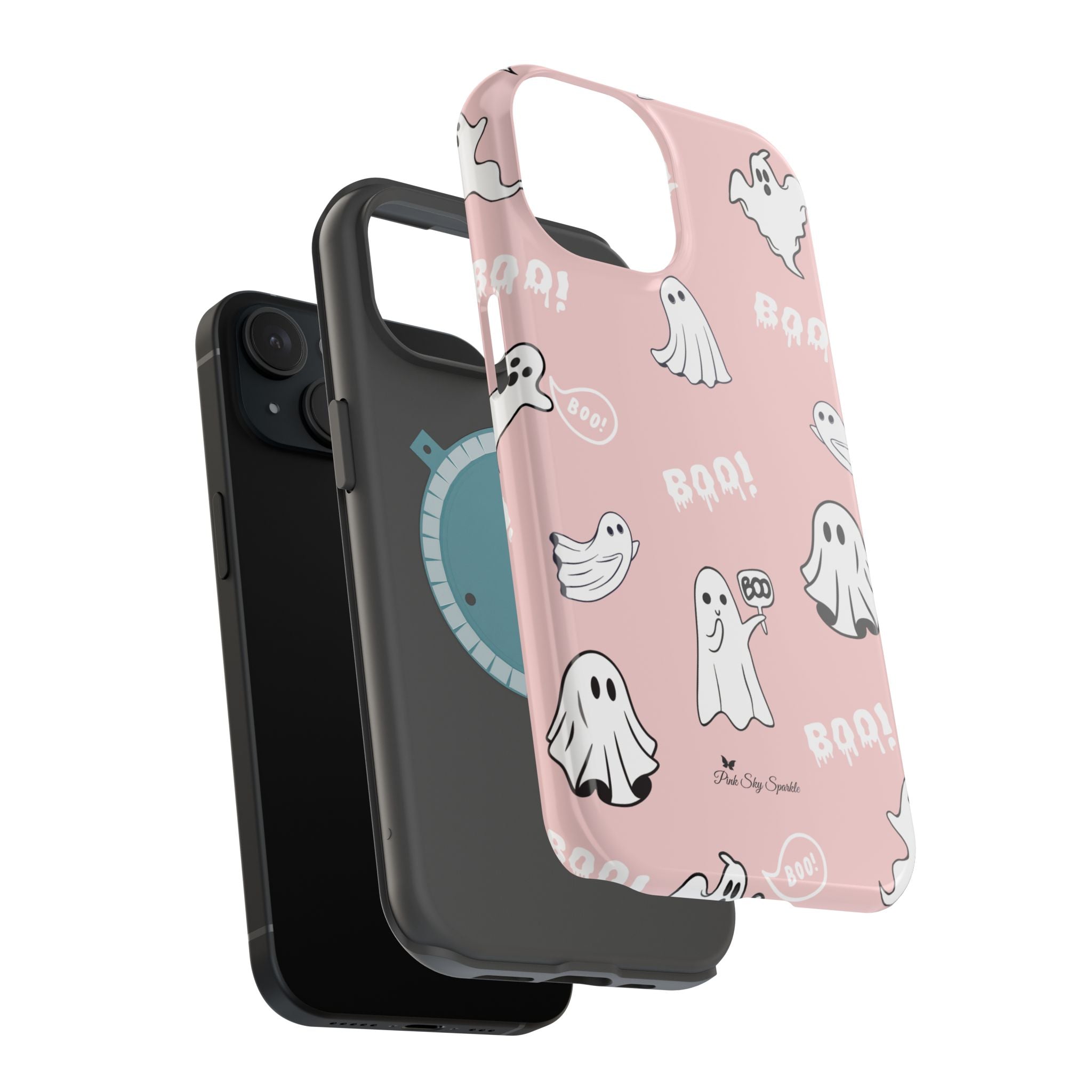 Phone case with ghost pattern on pink background