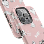 Phone case with ghost and 'BOO!' pattern on a pink background