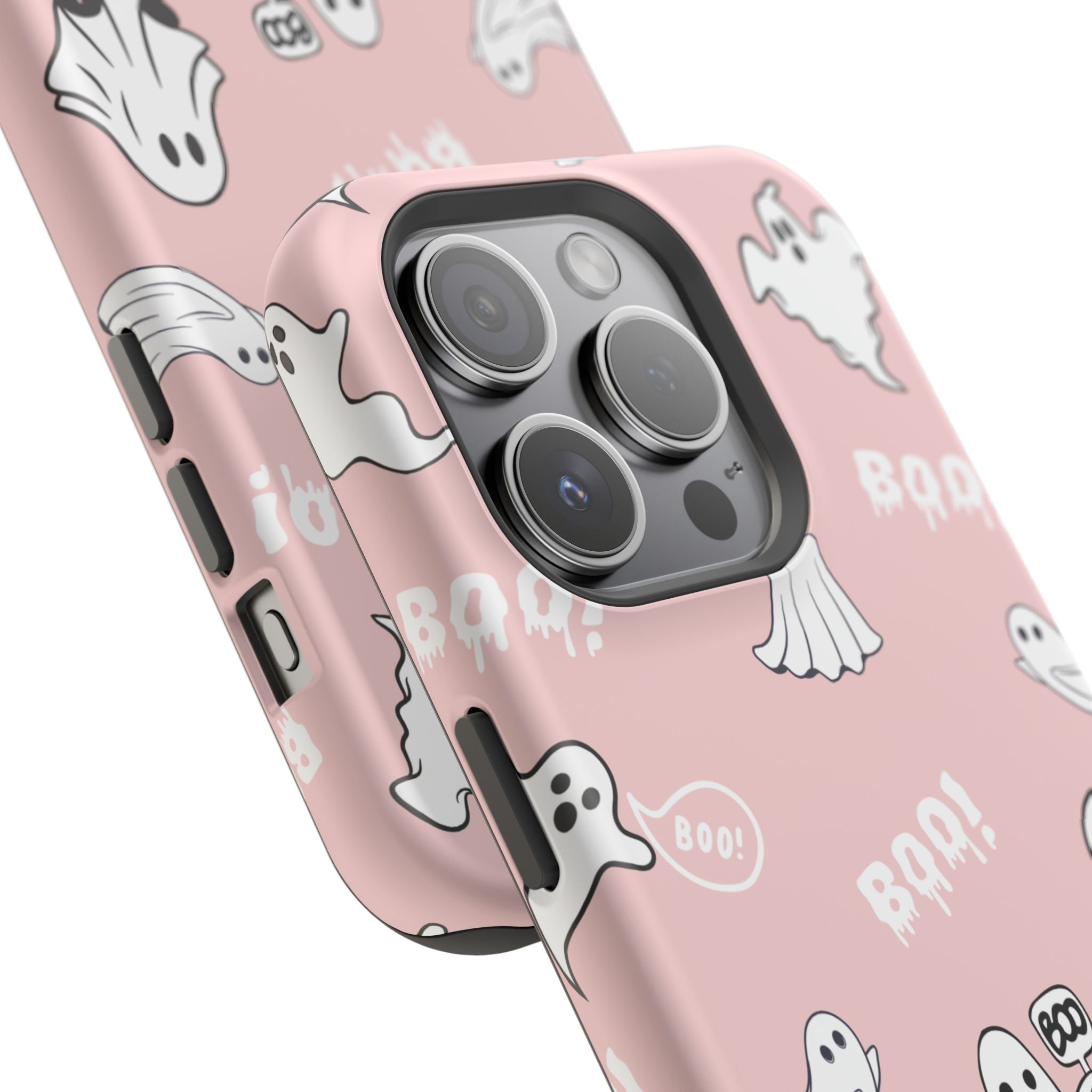 Phone case with ghost and 'BOO!' pattern on a pink background