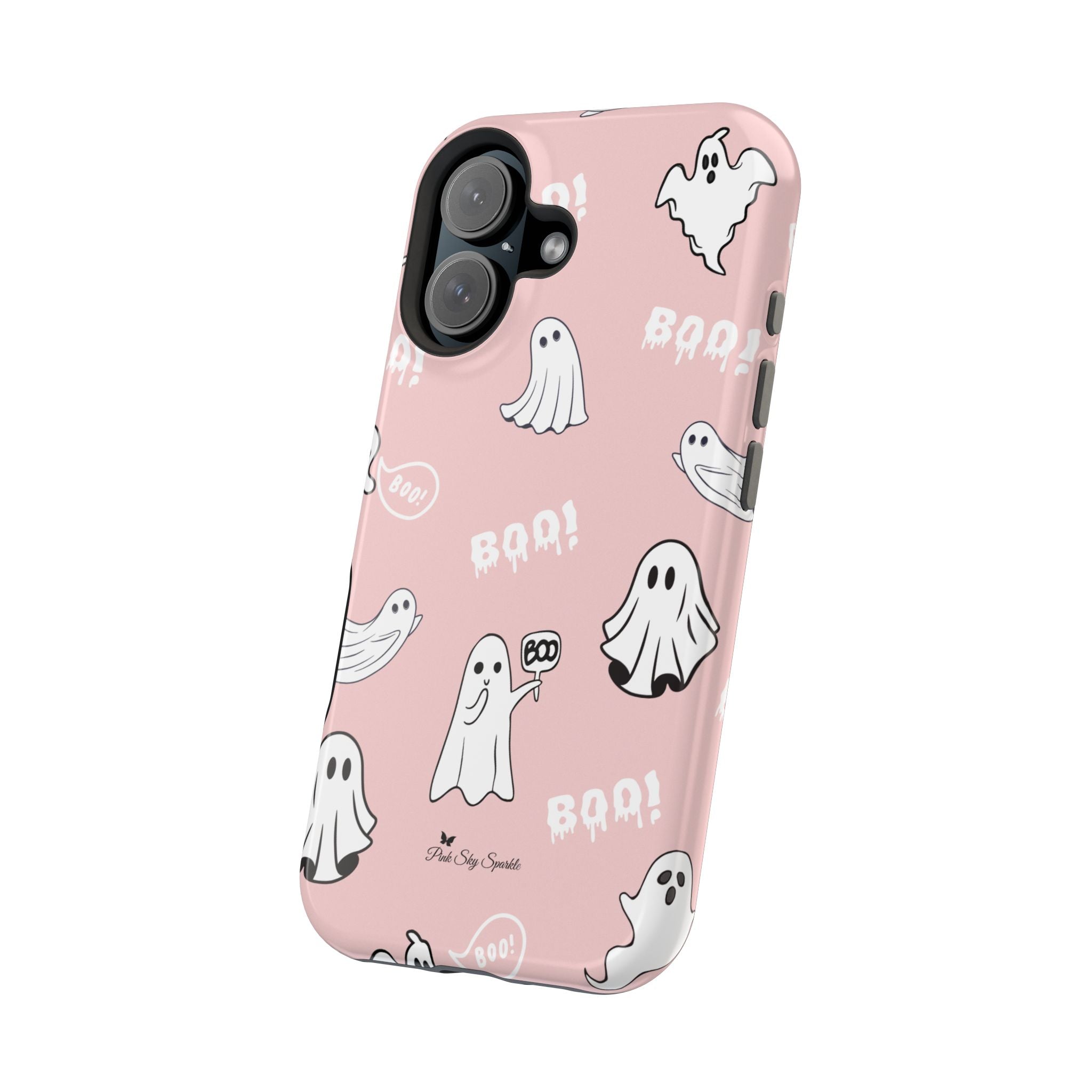Phone case with ghost designs and 'BOO!' text on a pink background