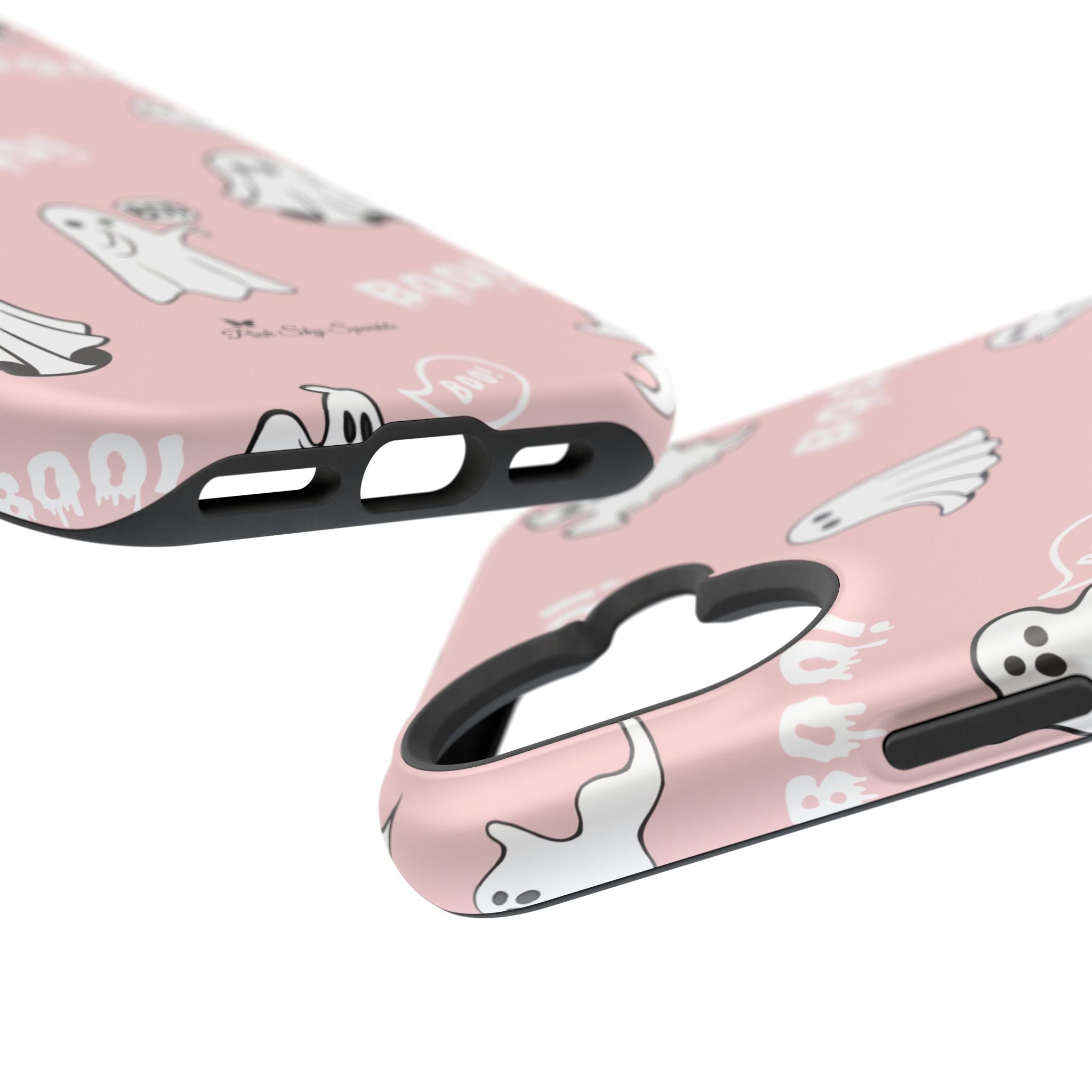 Phone case with ghost design on a pink background