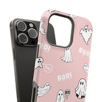 Phone case with ghost designs and 'BOO!' text on a pink background