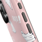 Close-up of a pink phone case with cartoon ghost design on a white background