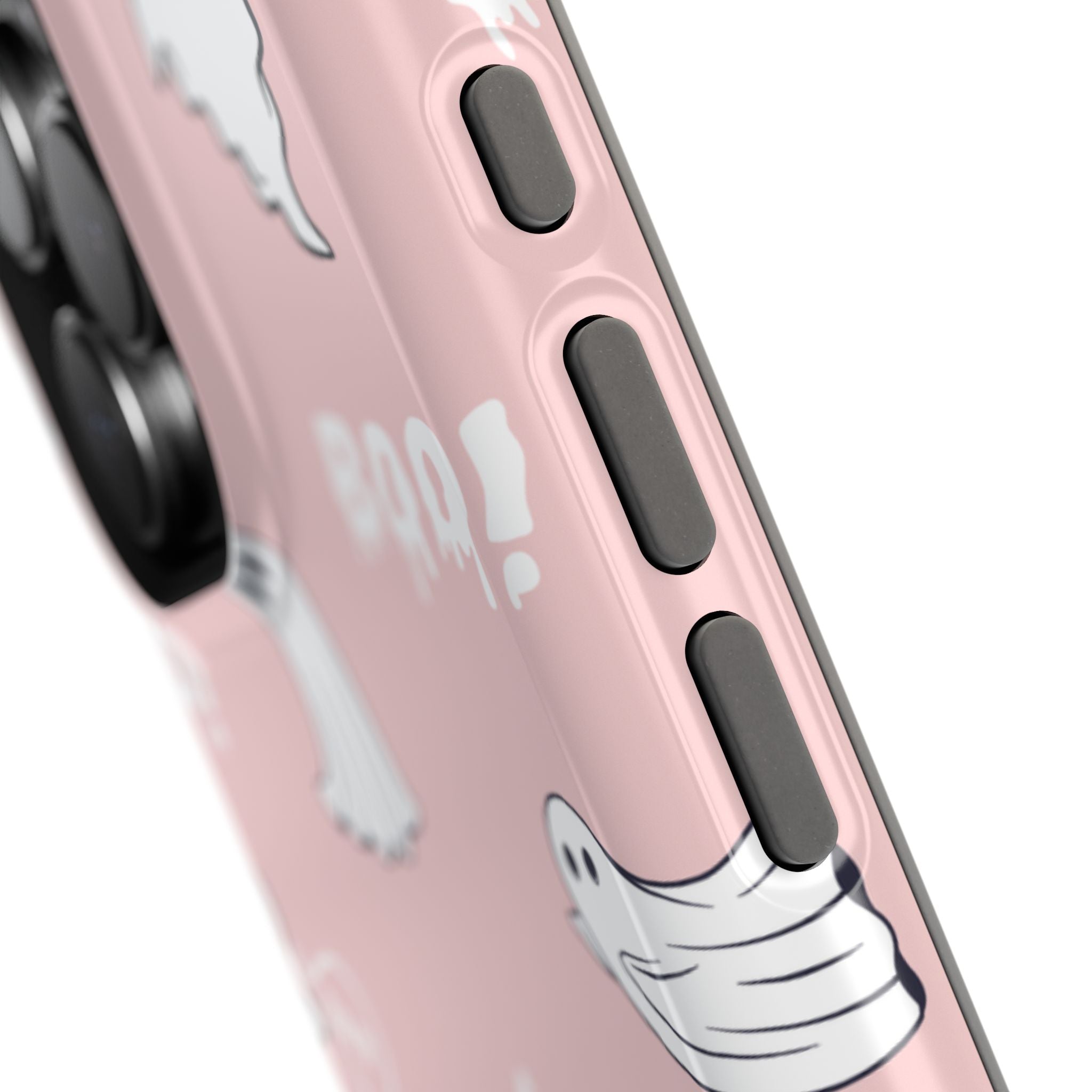 Close-up of a pink phone case with cartoon ghost design on a white background