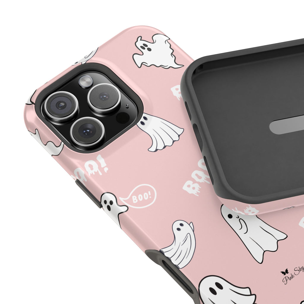 Phone case with ghost pattern on a pink background