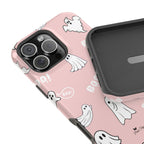 Phone case with ghost pattern on a pink background
