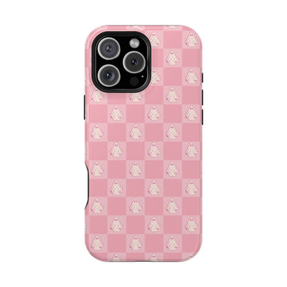 Coque magnétique pour iPhone avec motif fantôme à carreaux roses