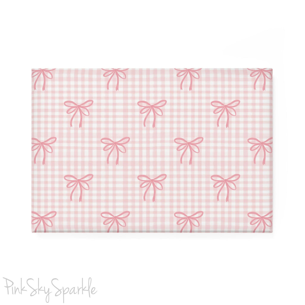 Pink Gingham and Coquette Rectangle Button Magnet - Cute vintage-inspired magnet with pink gingham pattern and delicate coquette accents. Ideal for gifting, fridge decor, and adding a charming touch to any space.