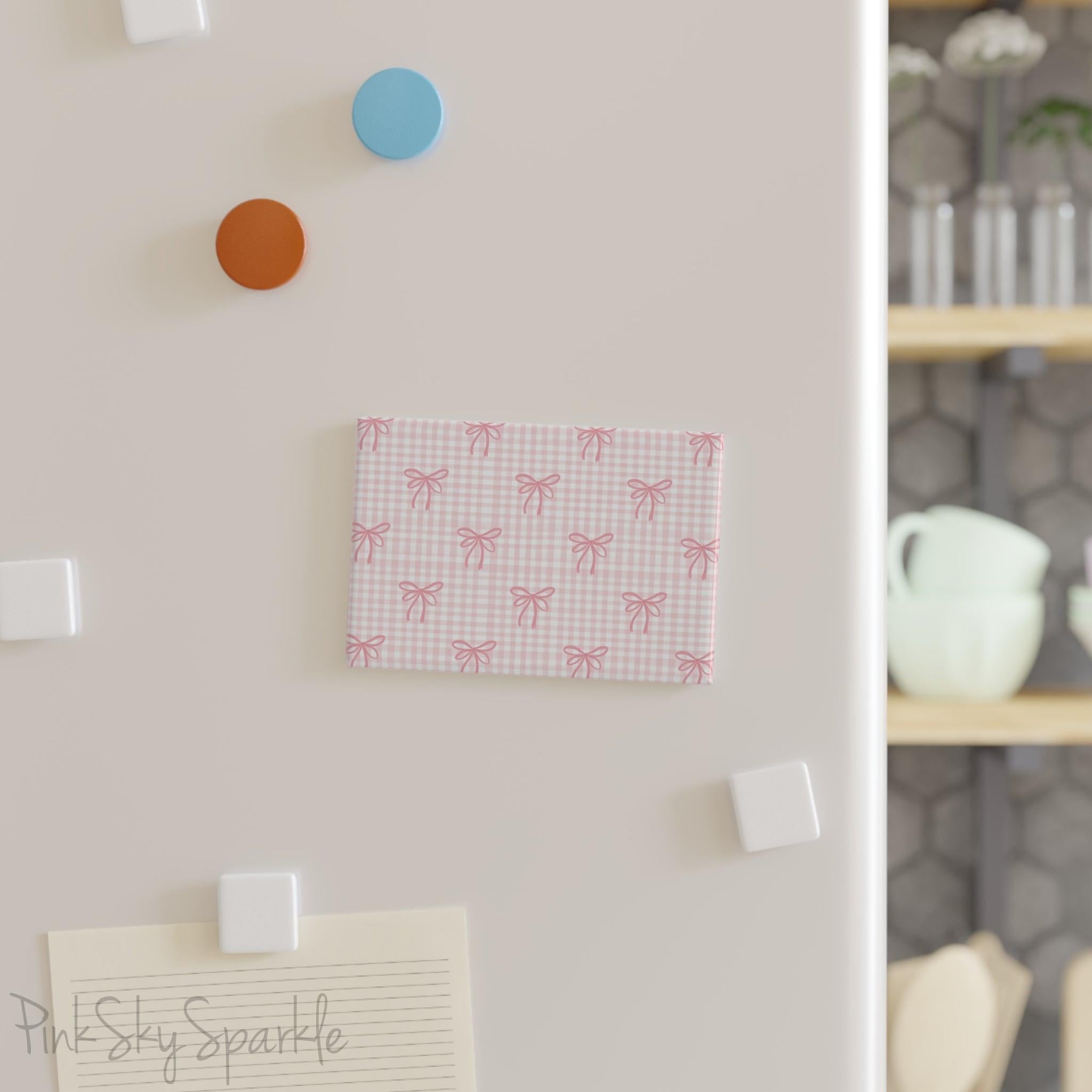 ink Gingham and Coquette Rectangle Button Magnet - Cute vintage-inspired magnet with pink gingham pattern and delicate coquette accents. Ideal for gifting, fridge decor, and adding a charming touch to any space.
