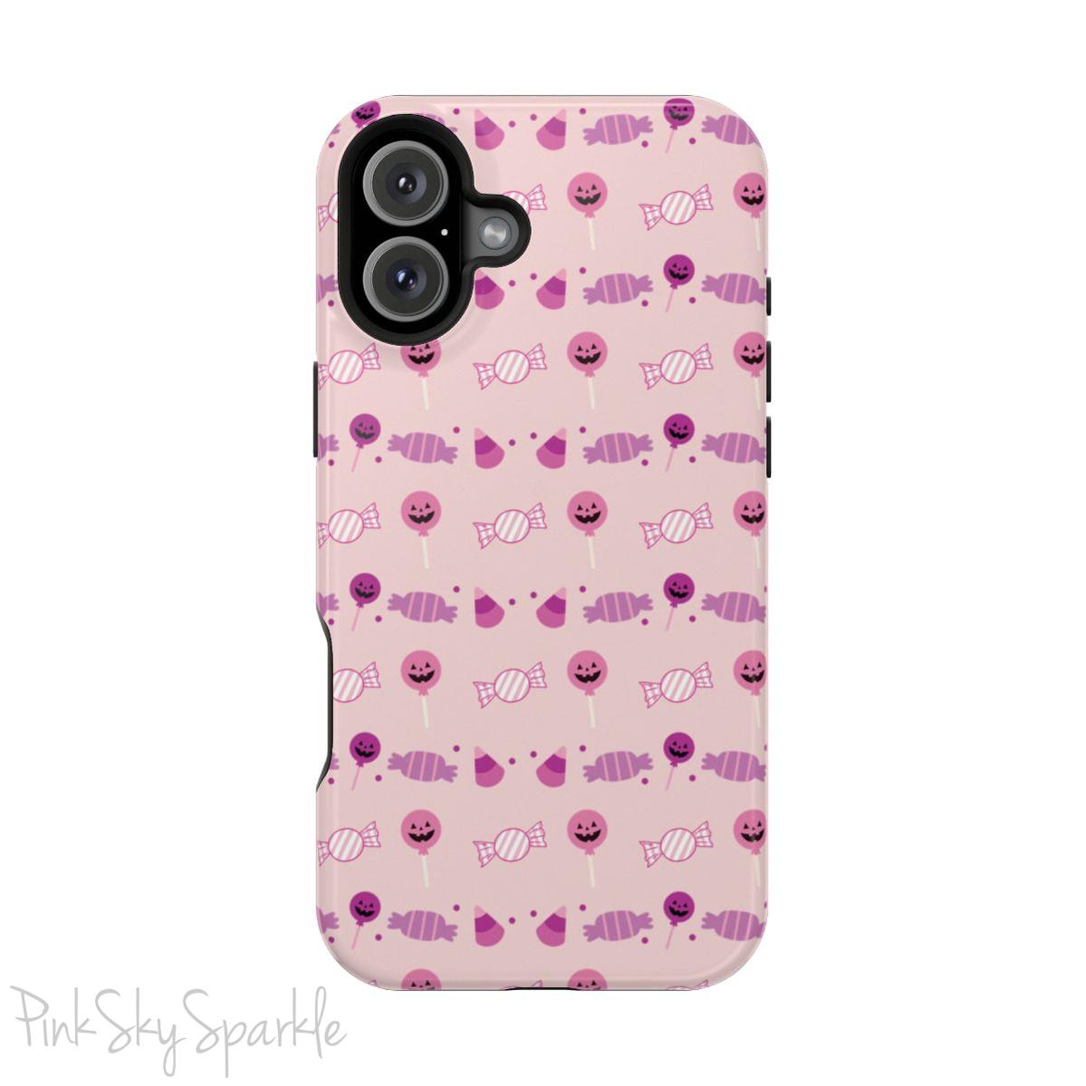 Pink Tough Magnetic iPhone Case with a pink and purple Halloween candy pattern. 