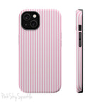 Pink Pinstripe Magnetic iPhone Case with soft pink and white stripes, a sleek and chic design for iPhone models 13, 14, 15, and 16.