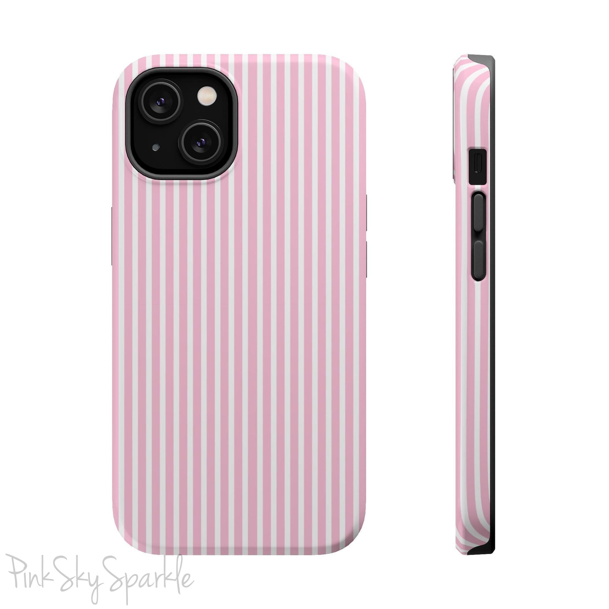 Pink Pinstripe Magnetic iPhone Case with soft pink and white stripes, a sleek and chic design for iPhone models 13, 14, 15, and 16.
